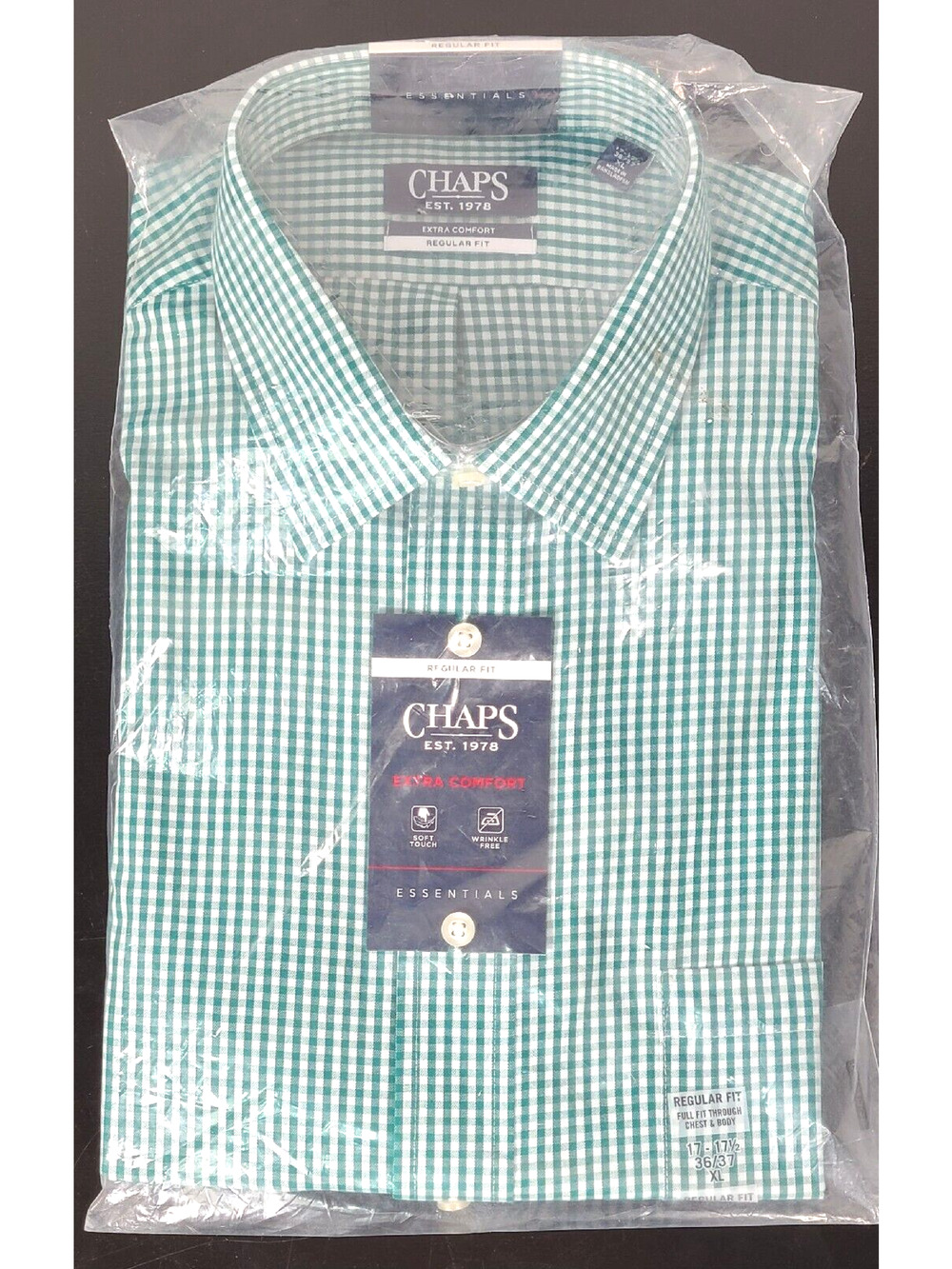 CHAPS Extra Comfort Wrinkle Free Mens XL Long Sleeve 17-17.5 36/37 Green Checked